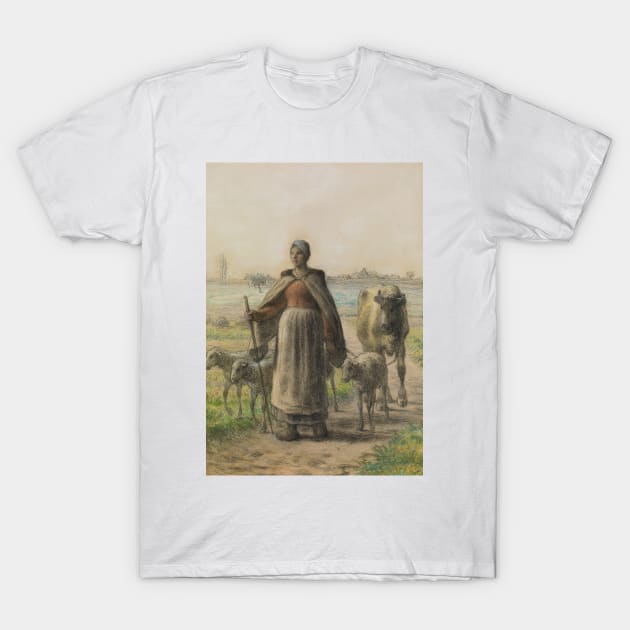 Paysanne Conduisant Aux Champs Sa Vache Et Ses Moutons by Jean-Francois Millet T-Shirt by Classic Art Stall